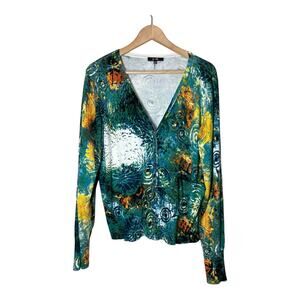 Yest Colorful Art to Wear Cardigan V-Neck 16 XL Green Blue Abstract Artsy